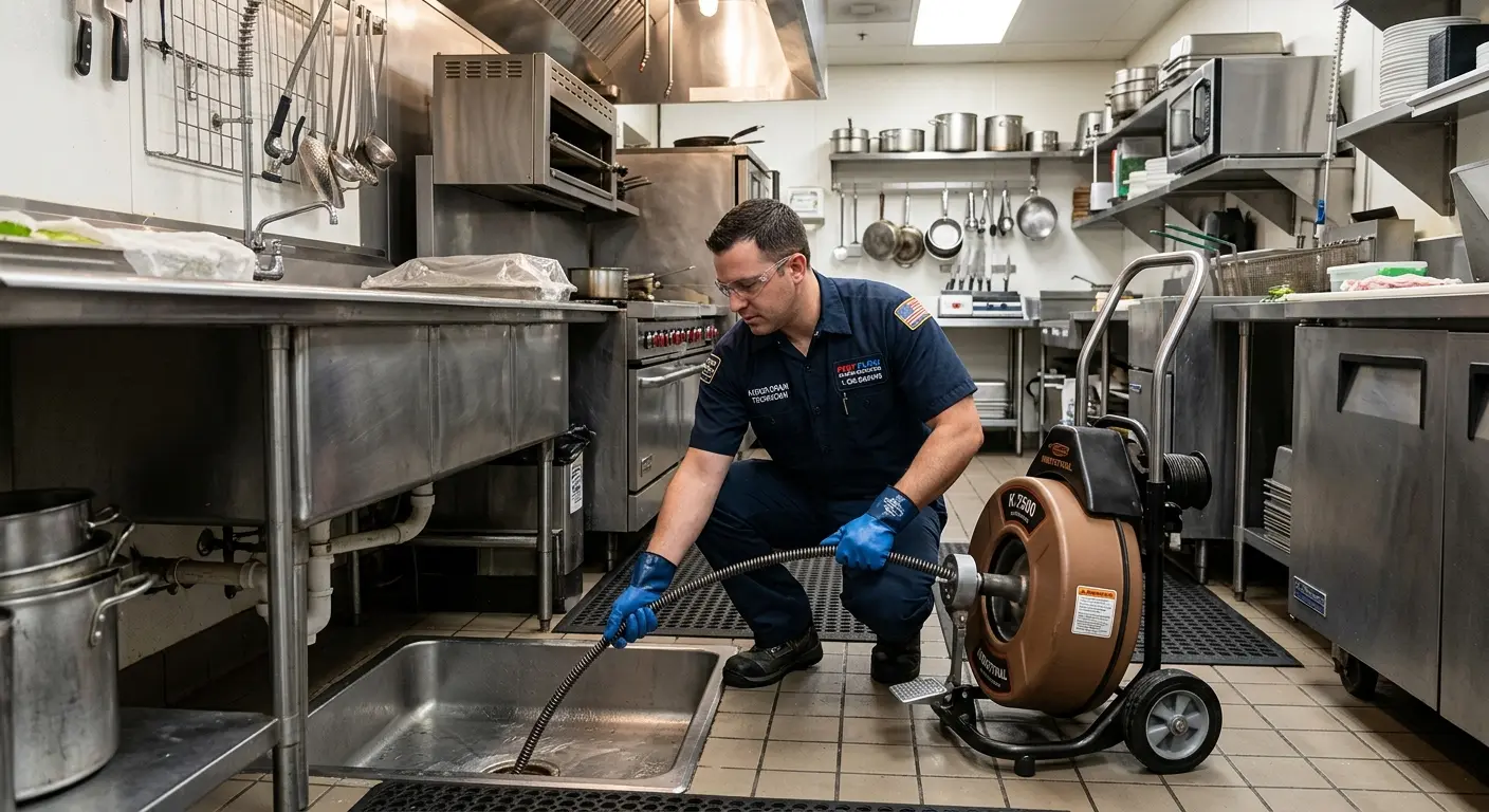 Commercial drain cleaning service in a restaurant kitchen in Leitchfield