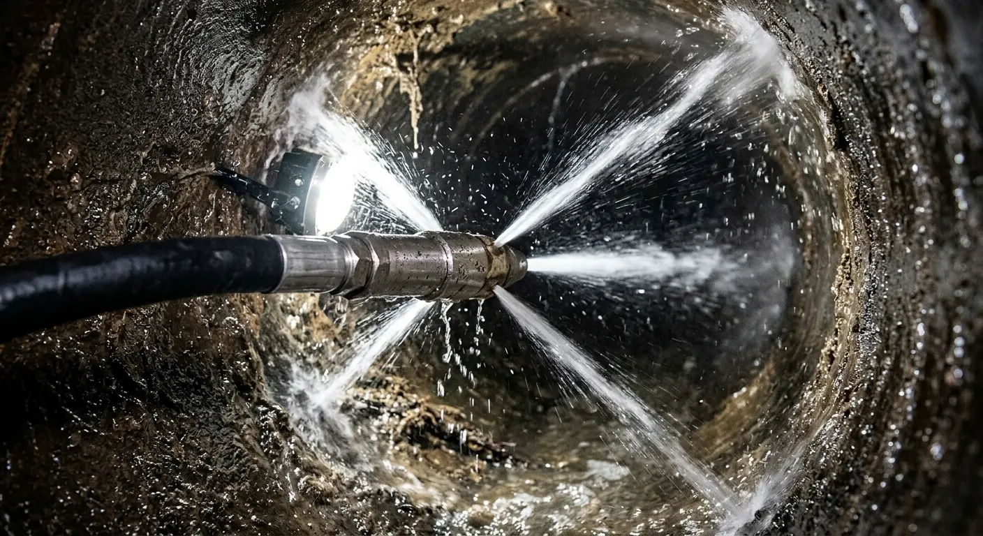 High-pressure hydro jetting nozzle cleaning sewer pipe for Emergency Drain Service in Leitchfield