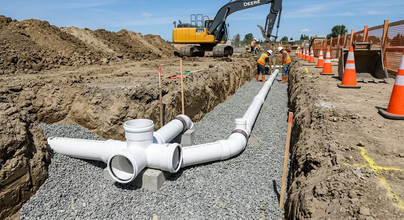 New PVC sewer pipe installation in open trench for Sewer Backup in Leitchfield