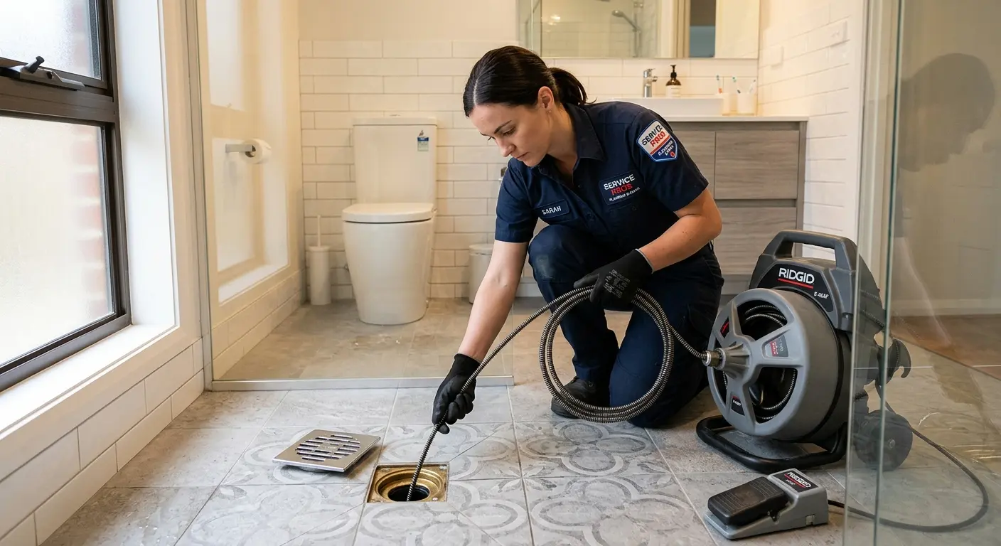 Technician clearing a bathroom floor drain for Drain Cleaning in Leitchfield